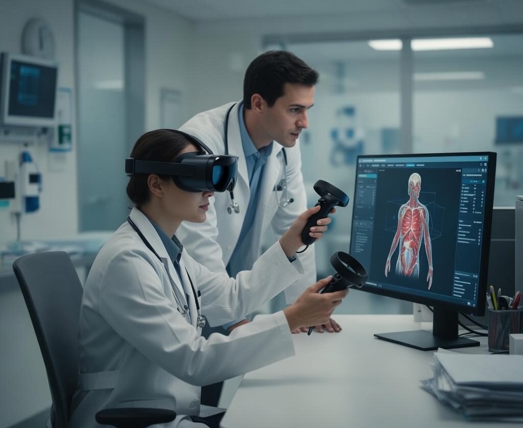 Two physicians reviewing a 3D anatomy visualization together — one wearing a VR headset at the computer, the other looking over their shoulder.