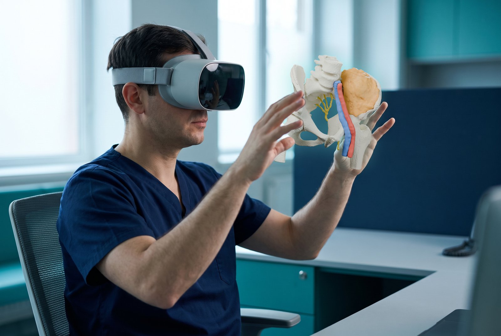 A surgeon in scrubs, seated, wearing a headset and turning a virtual 3D model of a pelvis with a large tumour on the left iliac bone, and the nearby vessels and nerve, between raised hands.