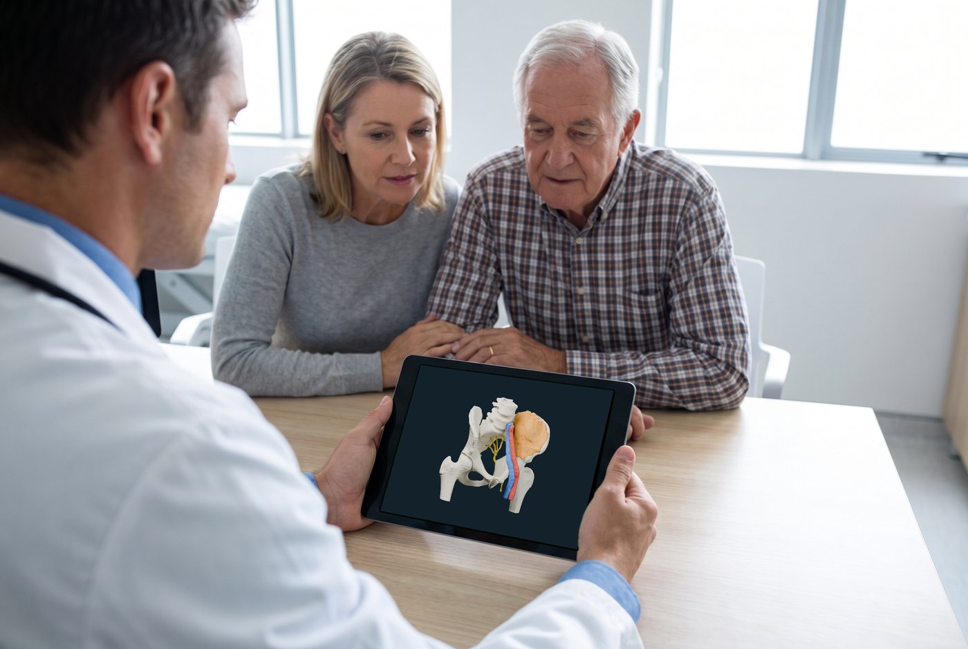 A surgeon shows a patient and a family member a tablet with a 3D model of a pelvis with a tumour on it.