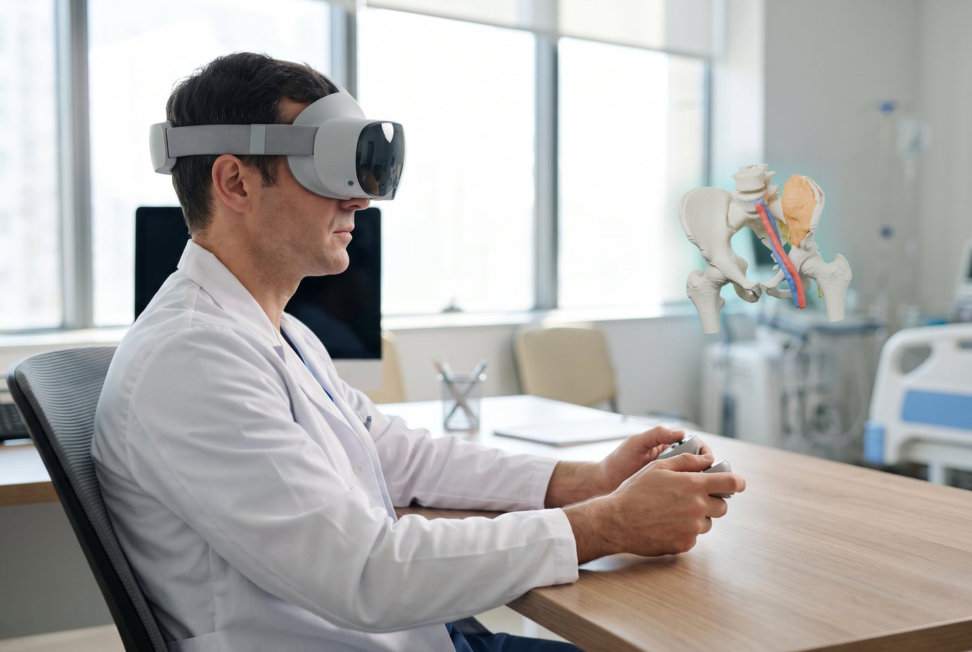A surgeon in a white coat at an office desk, wearing a headset and holding controllers, looking at a floating pelvis model.