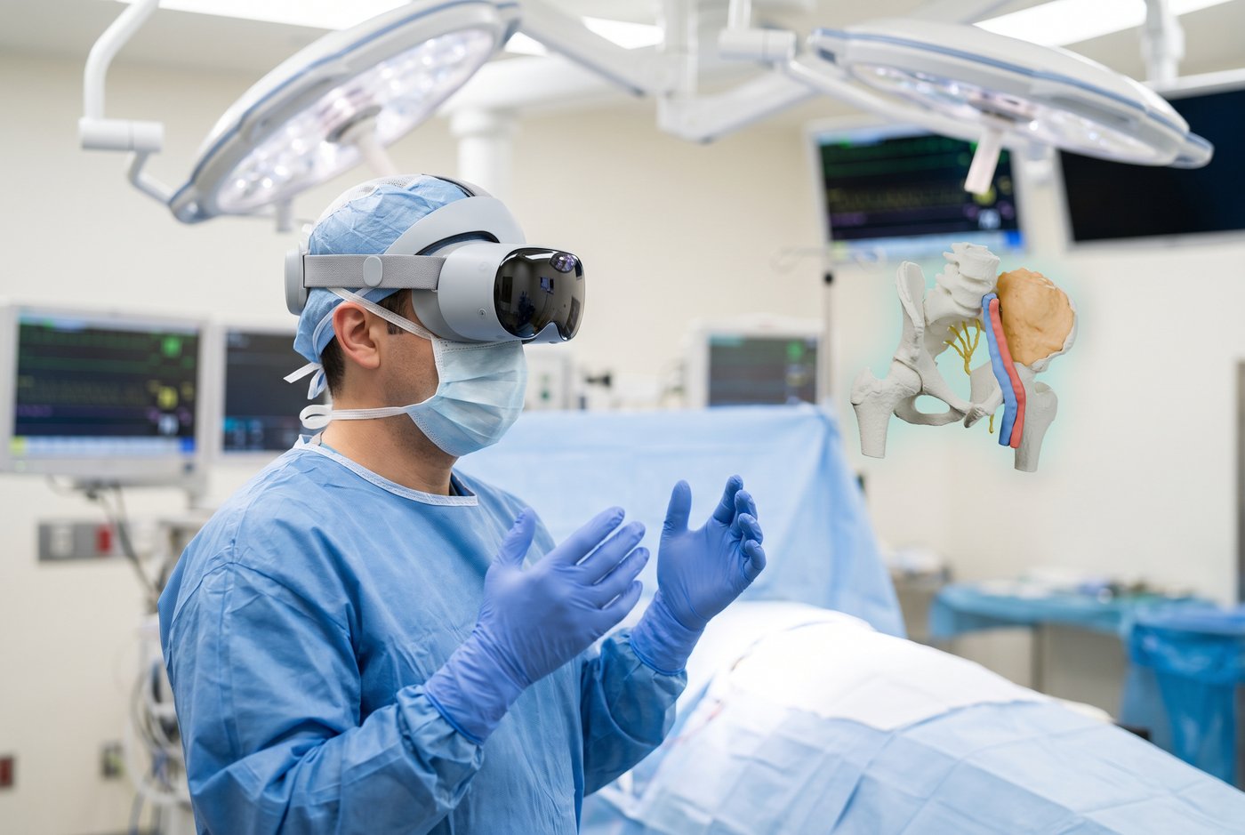 A gowned and masked surgeon in an operating room wears a headset; a pelvis model floats beside them at head height.
