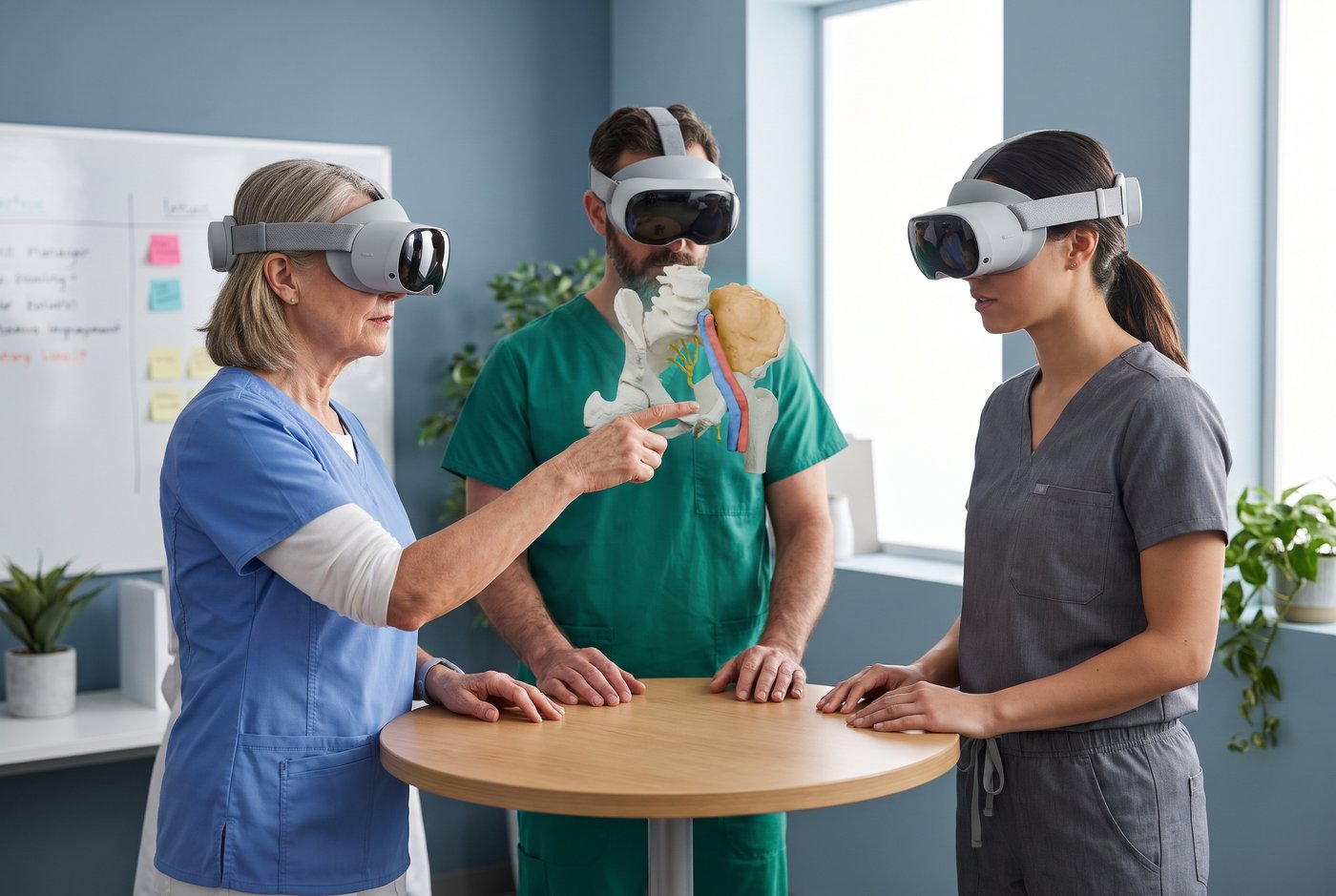 Three clinicians in headsets around a small table; one points at a floating pelvis model between them.