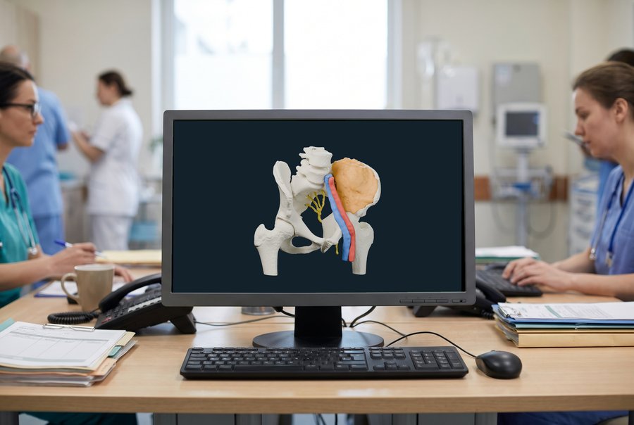 An ordinary desktop monitor on a desk, showing a 3D model of a pelvis with a tumour.