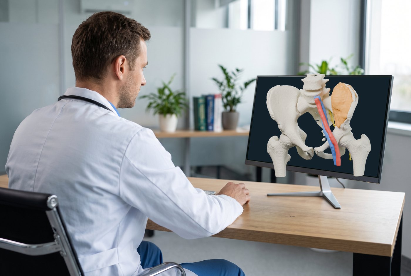 A surgeon in a white coat at a desk looks at a glasses-free 3D display; the pelvis model on the screen appears to stand out of the frame.