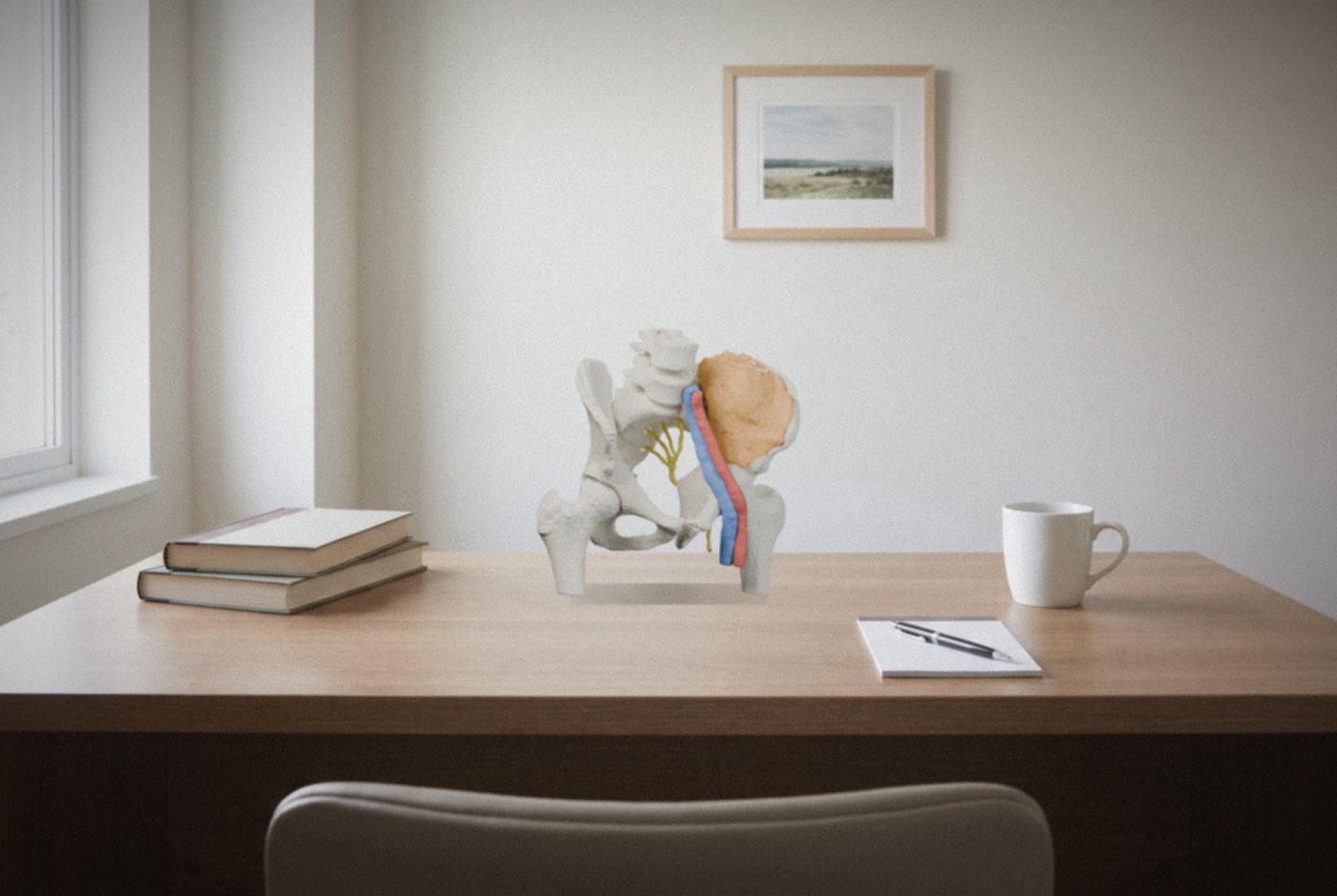 What you see with a passthrough headset: a slightly soft, grainy camera picture of the desk, books and mug, with the pelvis model standing on the desk.