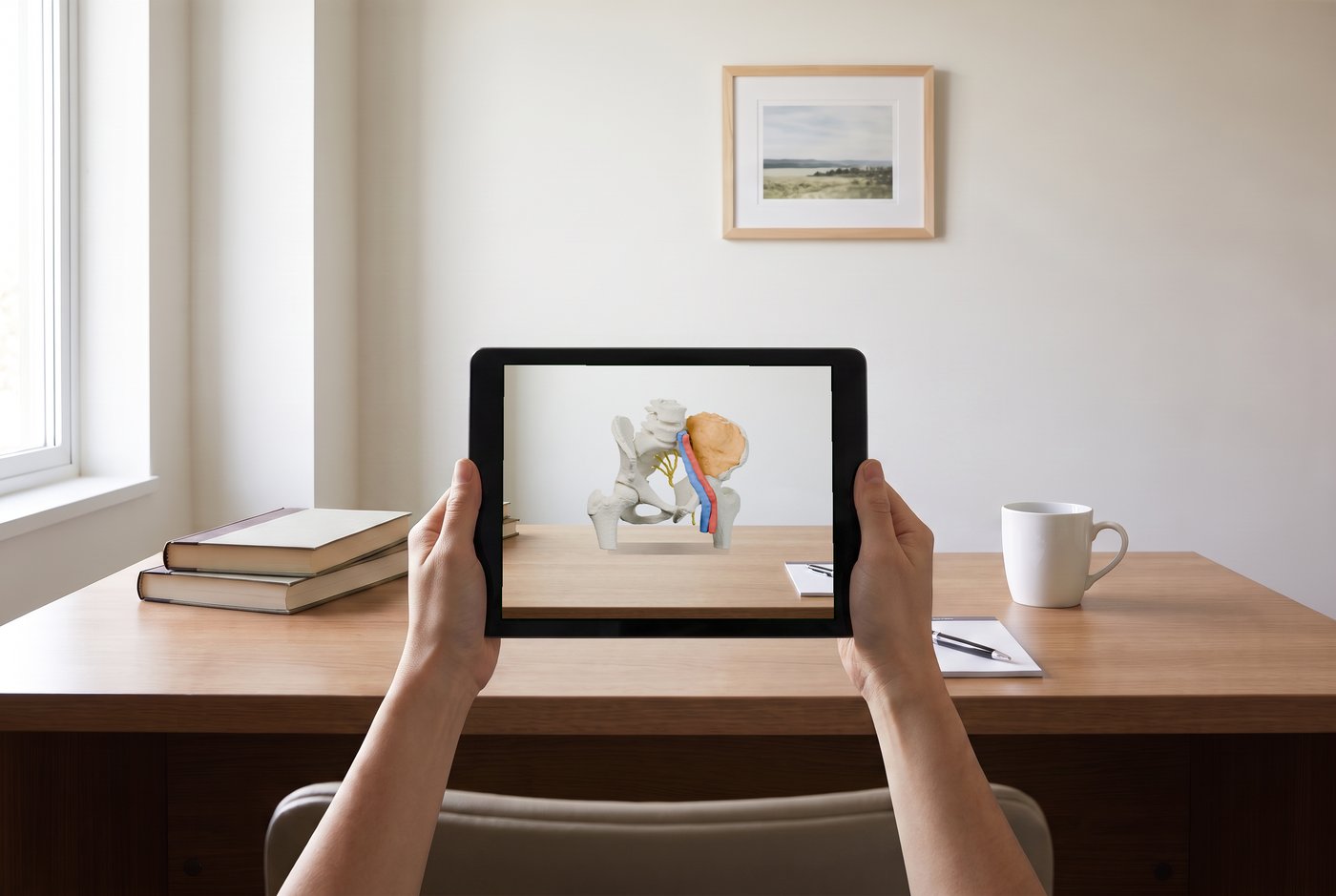 What you see with tablet AR: two hands hold a tablet up in front of the desk; its screen shows the desk with the pelvis model on it.
