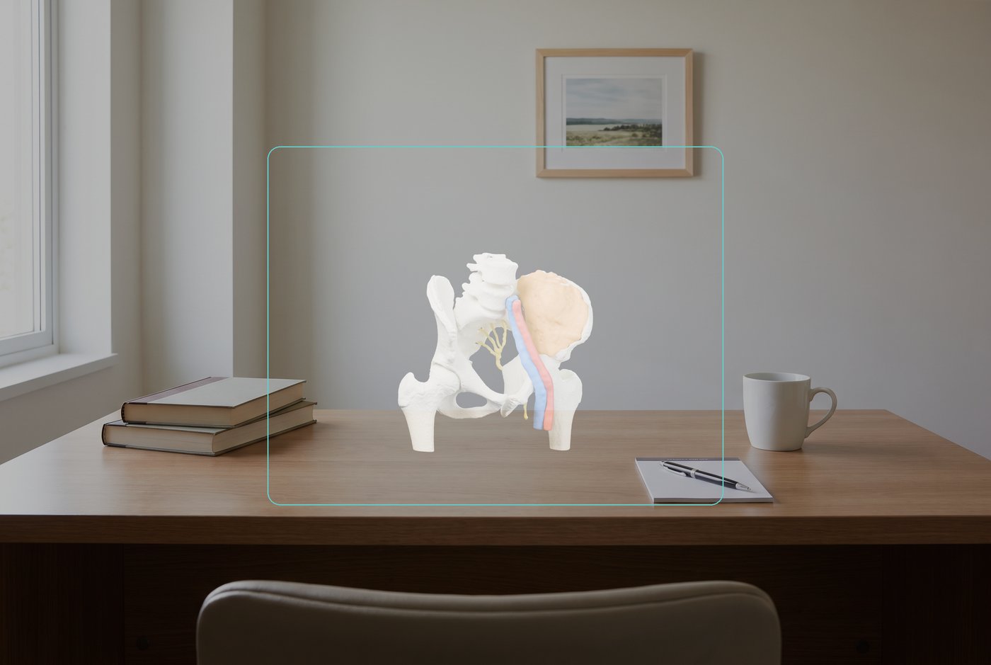 What you see with a see-through headset: the real desk through a slightly tinted lens, and the pelvis model as glowing, partly transparent light inside a rectangle in the middle of the view.